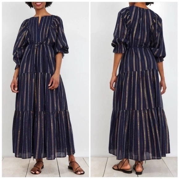 Apiece Apart Francesca Bib Tiered Long Sleeve Maxi Dress Metallic Stripe - Picture 1 of 10